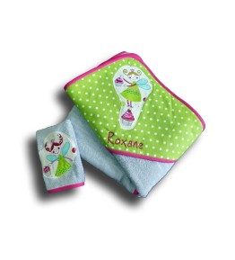 Sortie de bain enfant géante personnalisable motif fée verte éponge grise