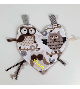 Doudou Plat Cœur Brodé - Modèle Hibou Chouette