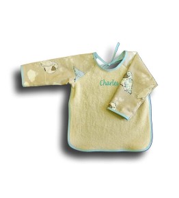 Cadeau Bébé Personnalisé - Bavoir à Manches Beige Naissance Oiseau Bleu