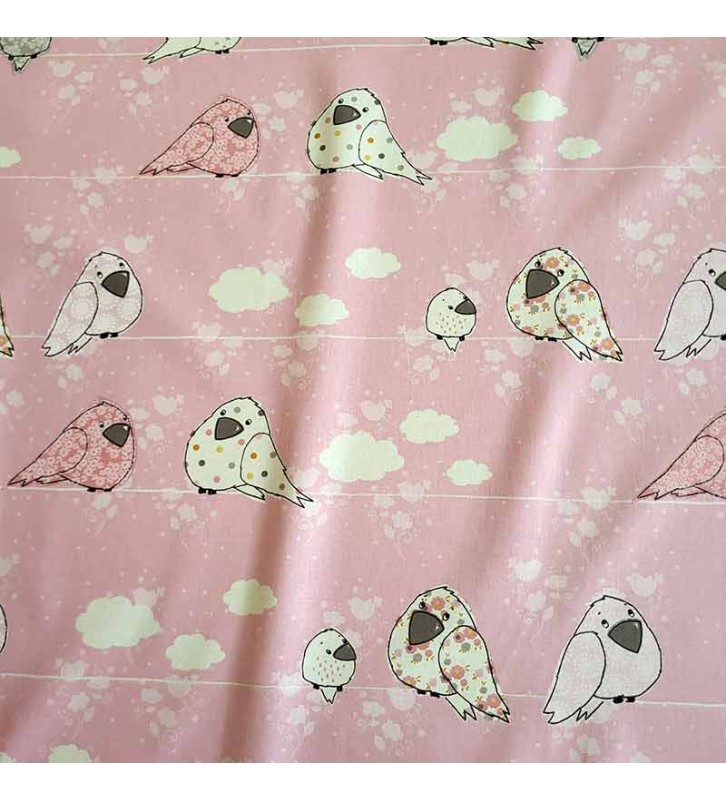 Tissu Bébé Fille - Motif Naissance Oiseau Rose