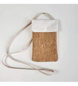Pochette téléphone bandoulière lin enduit blanc et suédine