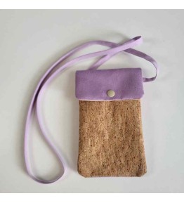 Pochette téléphone couture artisanale et liège et suédine mauve