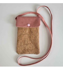 Etui téléphone bandoulière en liège et suédine rose