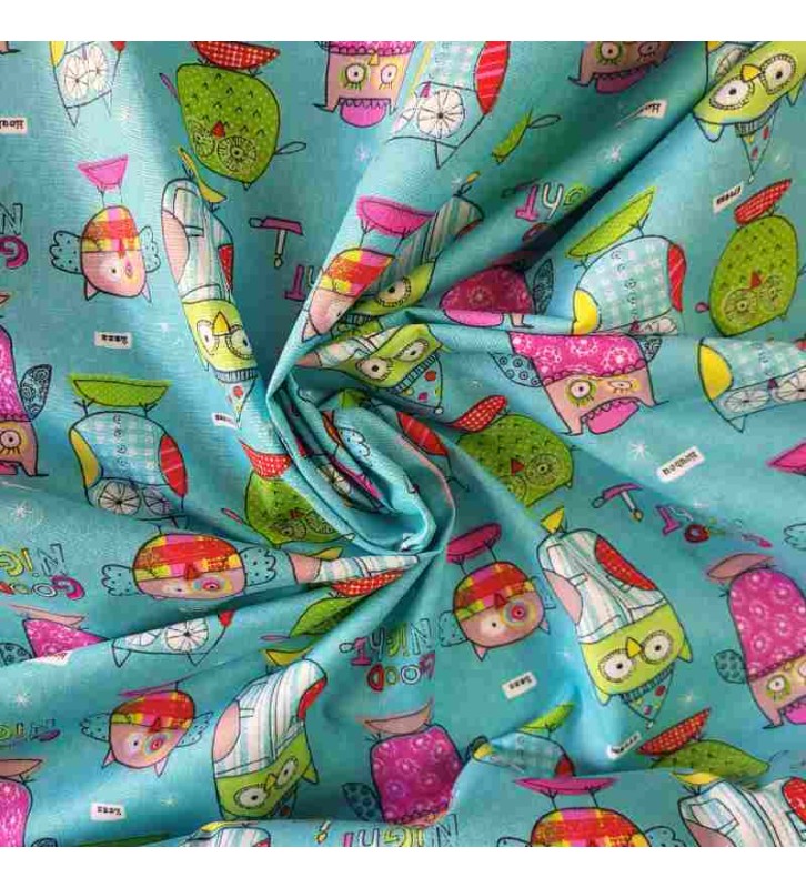 tissu motif chouettes bleue pour confection enfant