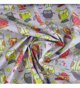 tissu au mètre avec motif de chouettes rigolotes sur fond gris