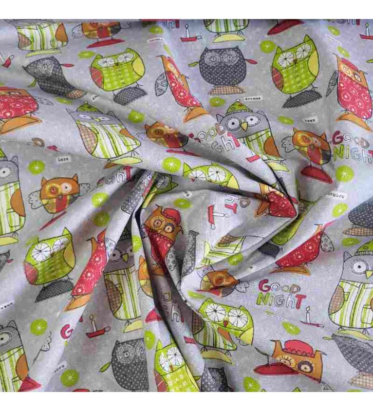 tissu au mètre avec motif de chouettes rigolotes sur fond gris