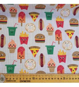 Tissu à motifs sympas : Pizza, glace, hamburger, frites, hot dog