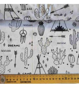Motifs rigolos sur ce tissu à colorier, cactus, tipi d'indien