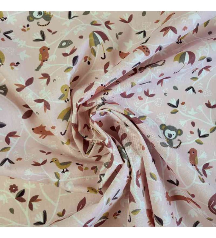 Tissu fond rose poudre et minis animaux