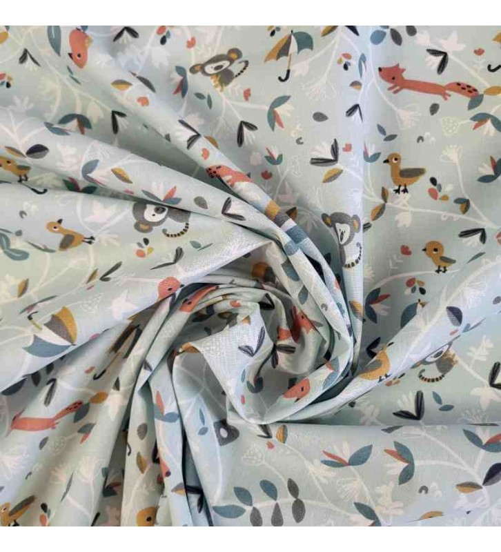 tissu coton bleu ciel avec joli motif d'animaux