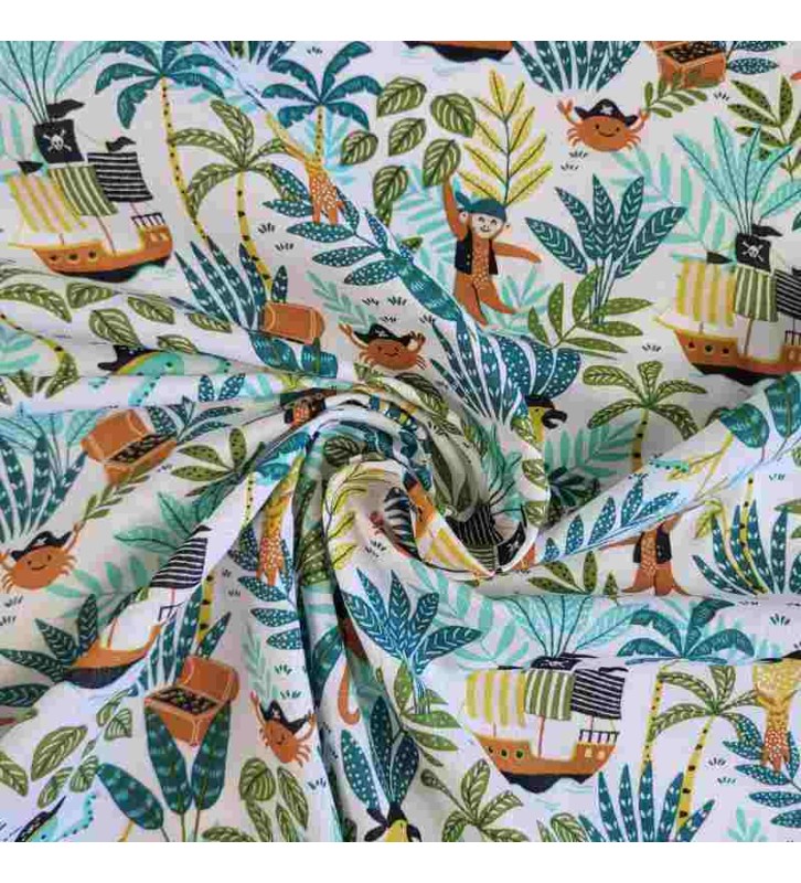 Tissu enfant avec des bateaux de pirate et coffre fort