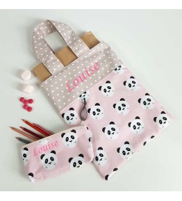 Trousse à crayons Fille et sac maternelle - Motif Panda Rose