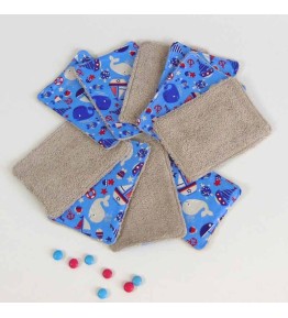 Lot 10 lingettes lavables Bleu - Motif Bateau Baleine