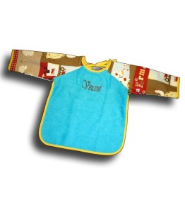 Tablier bavoir à manches motif Ferme beige, éponge bleue