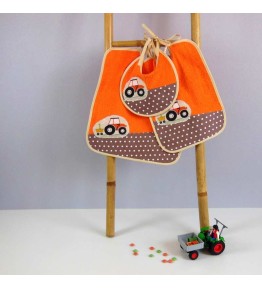 Coffret Naissance 3 Bavoirs Evolutifs - Tracteur éponge orange