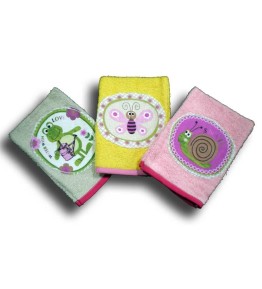 3 gants de toilette enfant motifs Bestioles du Jardin